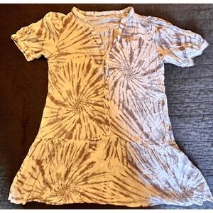 Anthropologie Lovestitch Brown Tie Dye Peplum Top Short Sleeve V-Neck Boho Med
